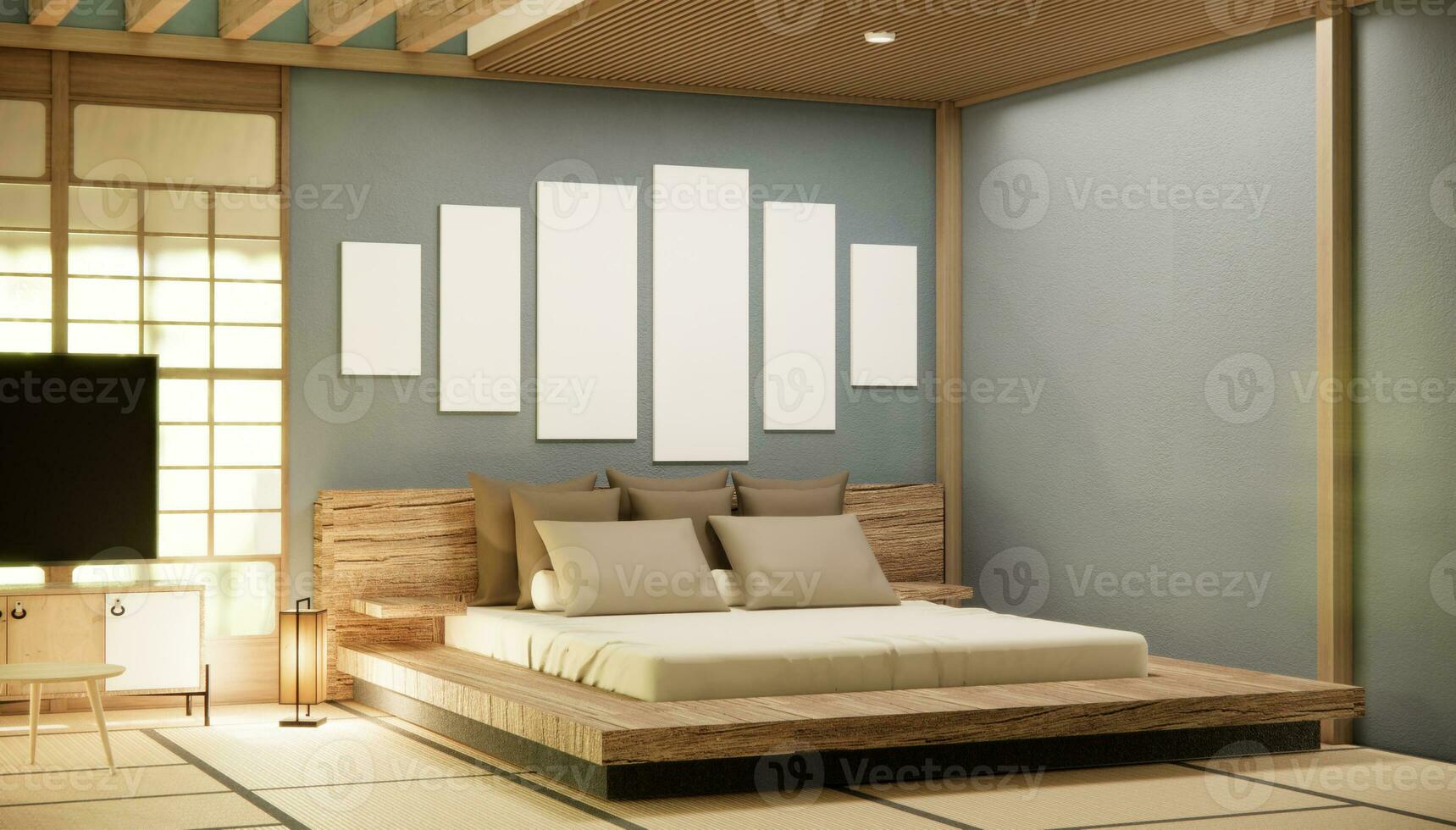 Japan stijl leeg kamer versierd met houten bed, wit muur en houten muur. foto