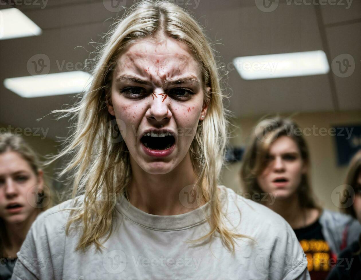 foto van boos meisje tiener in school, generatief ai