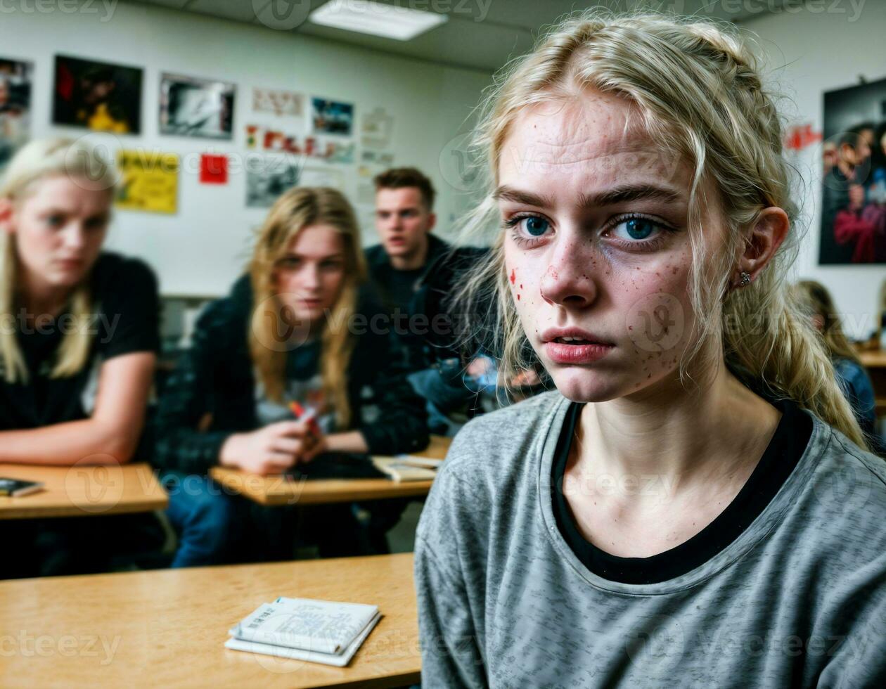 foto van boos meisje tiener in school, generatief ai