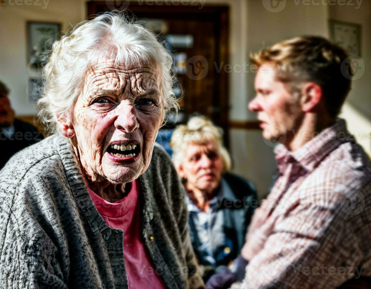 foto van boos senior mensen in verpleging huis, generatief ai