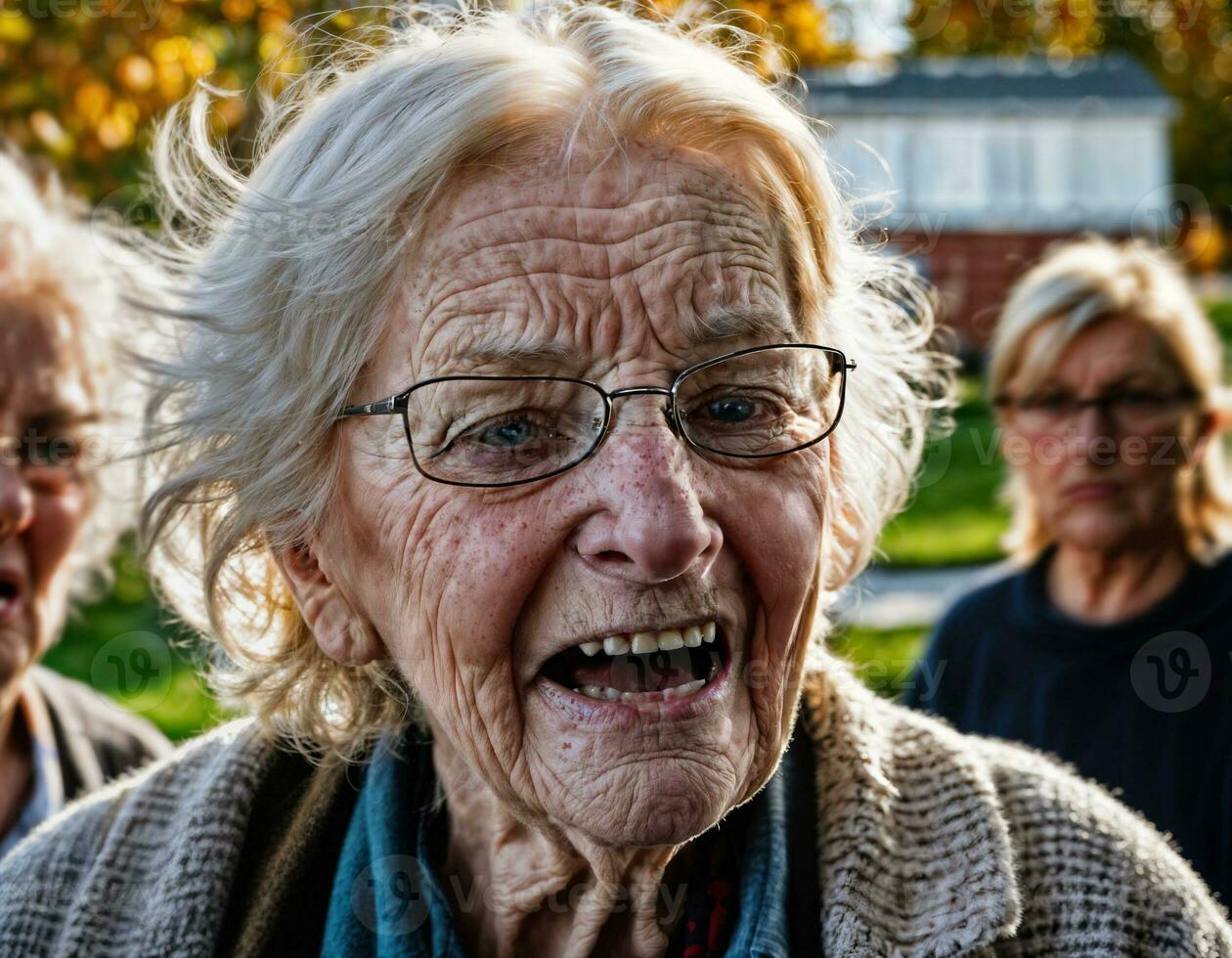 foto van boos senior mensen in verpleging huis, generatief ai