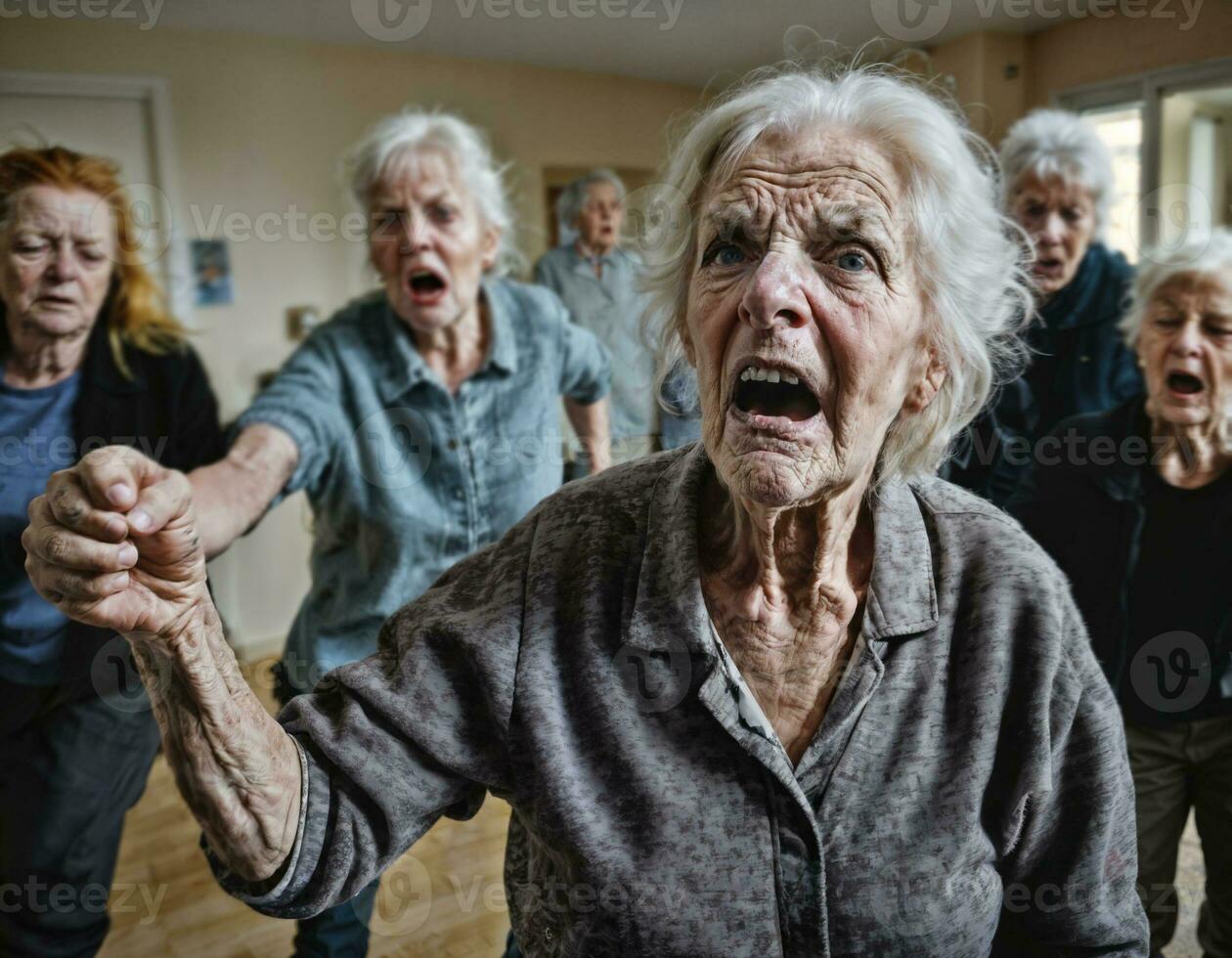 foto van boos senior mensen in verpleging huis, generatief ai