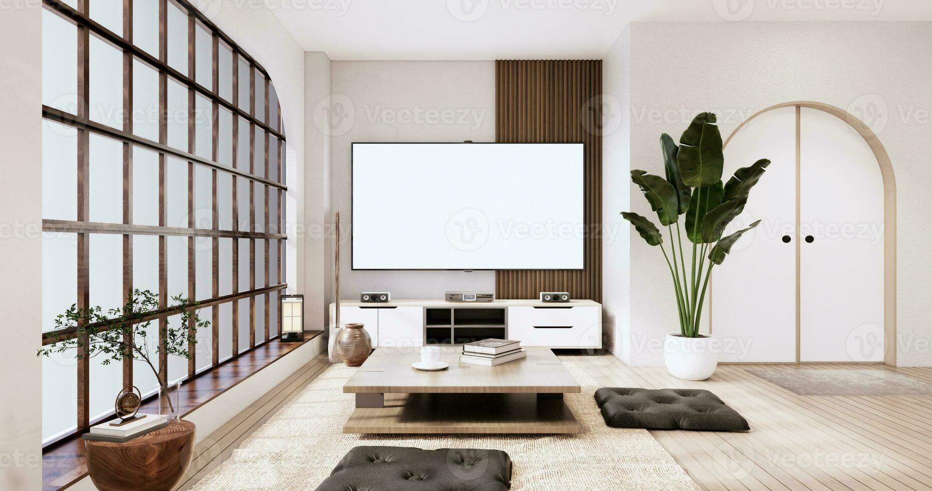 japans kamer interieur en laag tafel en fauteuil wabisabi stijl.3d renderen foto