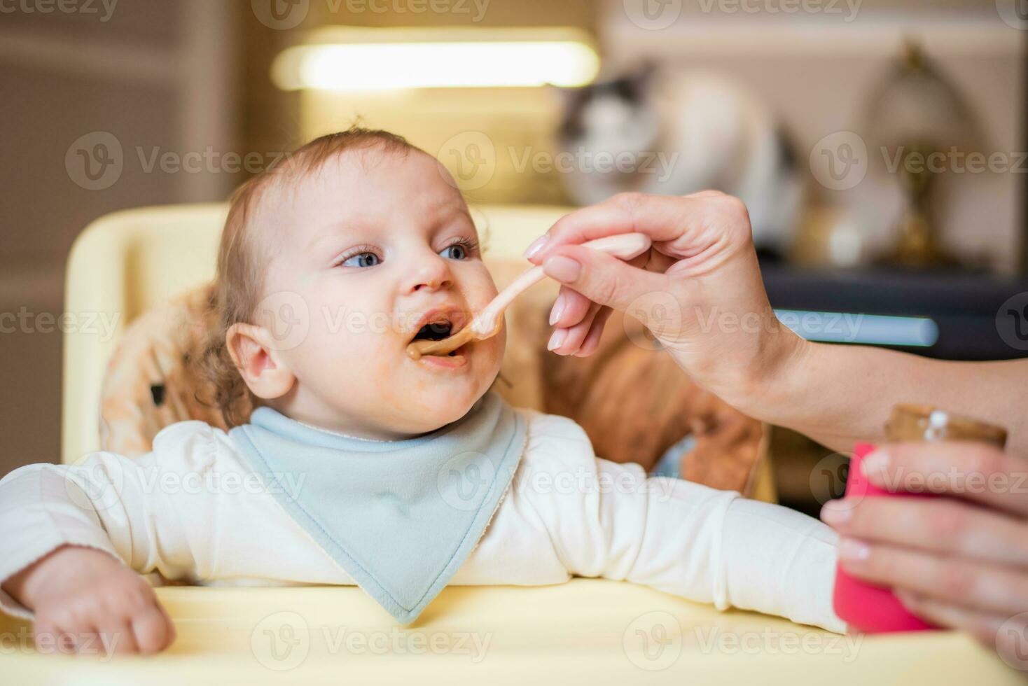 mam feeds een gelukkig baby fruit puree van een lepel. eerste voedsel foto