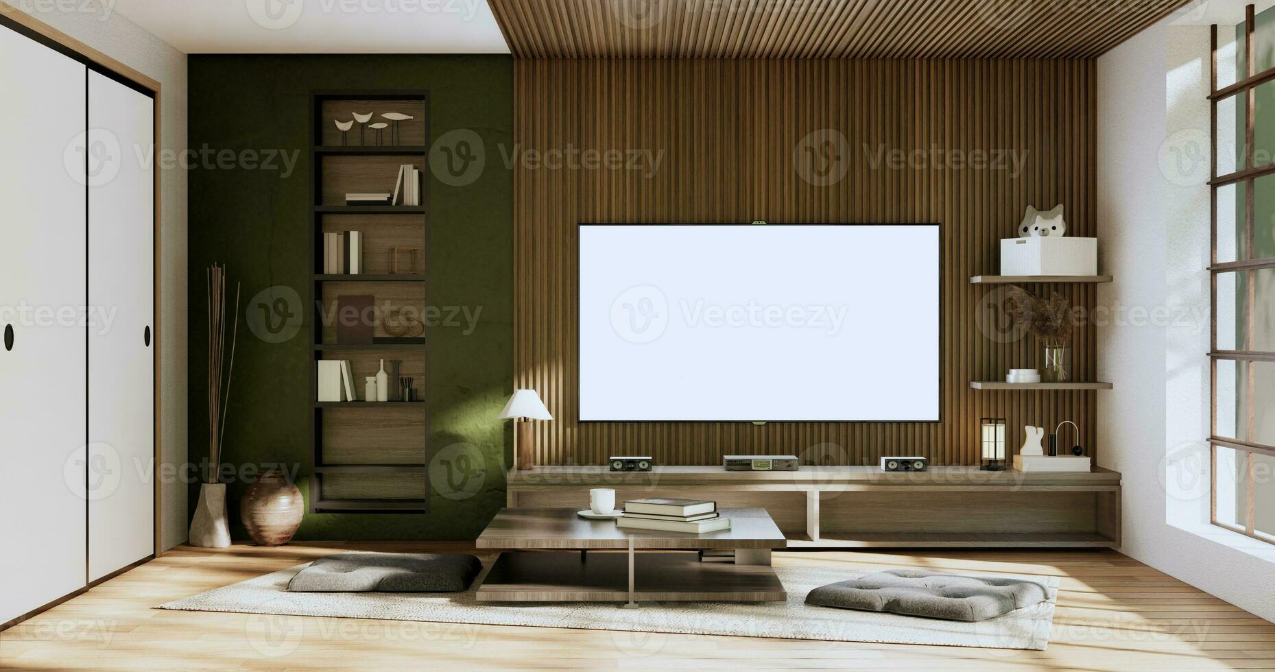 wabisabi stijl leven interieur concept groen Japans kamer.3d renderen foto