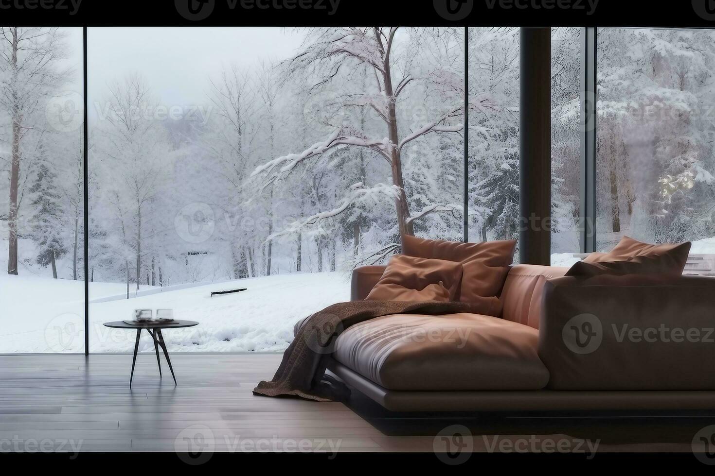 modern interieur ontwerp met sofa en venster op zoek Bij mooi winter landschap 3d weergave, 3d illustratie. generatief ai. foto