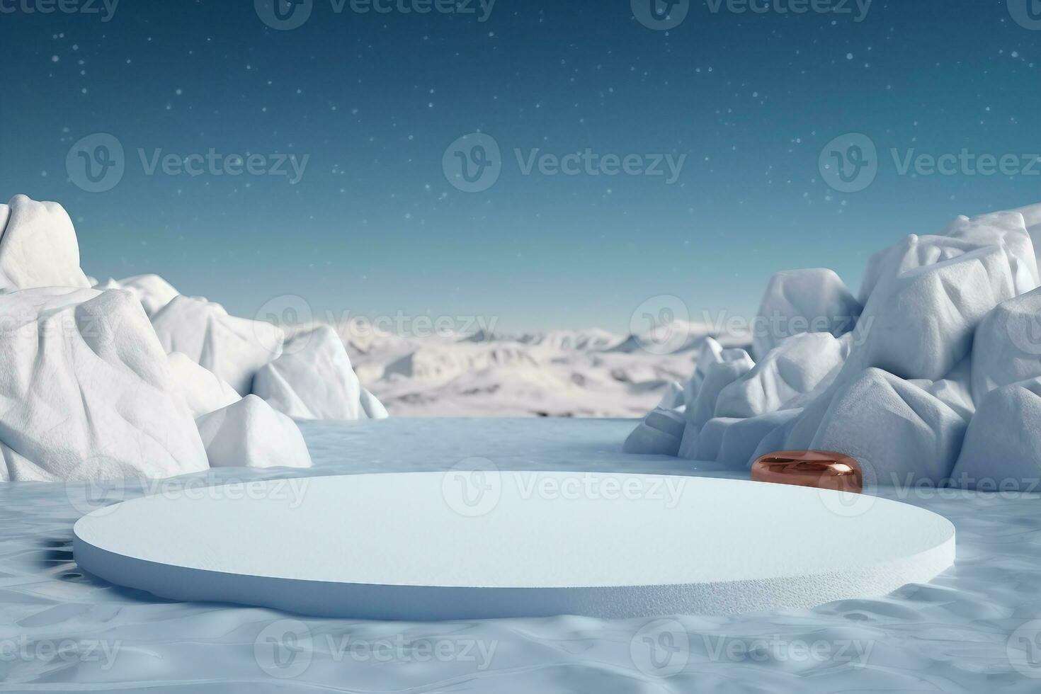 3d geven winter platform en natuurlijk podium achtergrond, ijs podium Aan de ijs sneeuw rots Product Scherm ,reclame, kunstmatig huidsverzorging met leeg ronde fase. generatief ai. foto