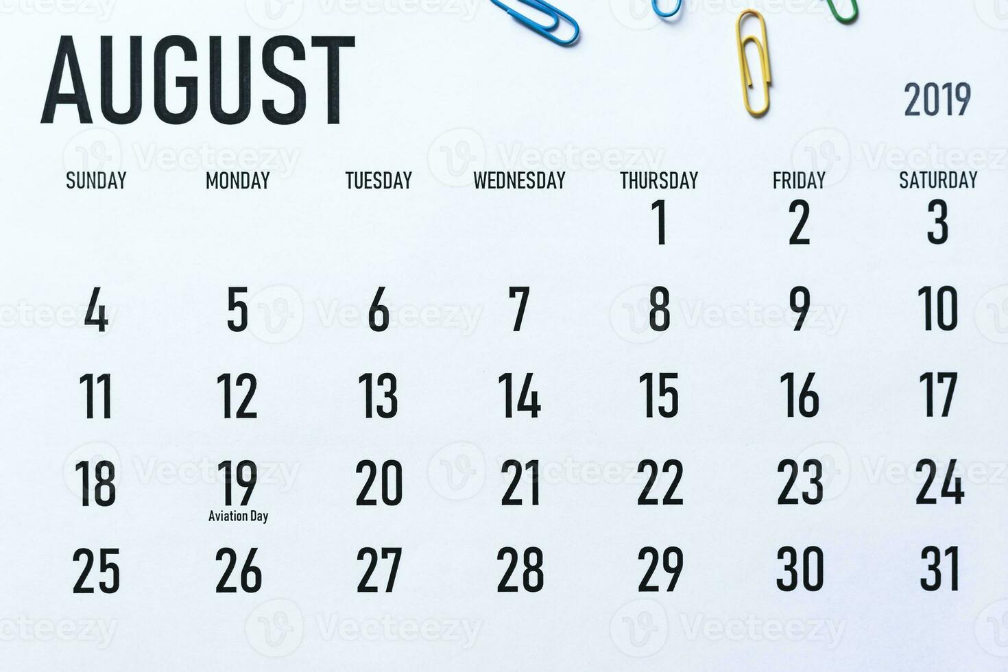 maandelijks augustus 2019 kalender foto