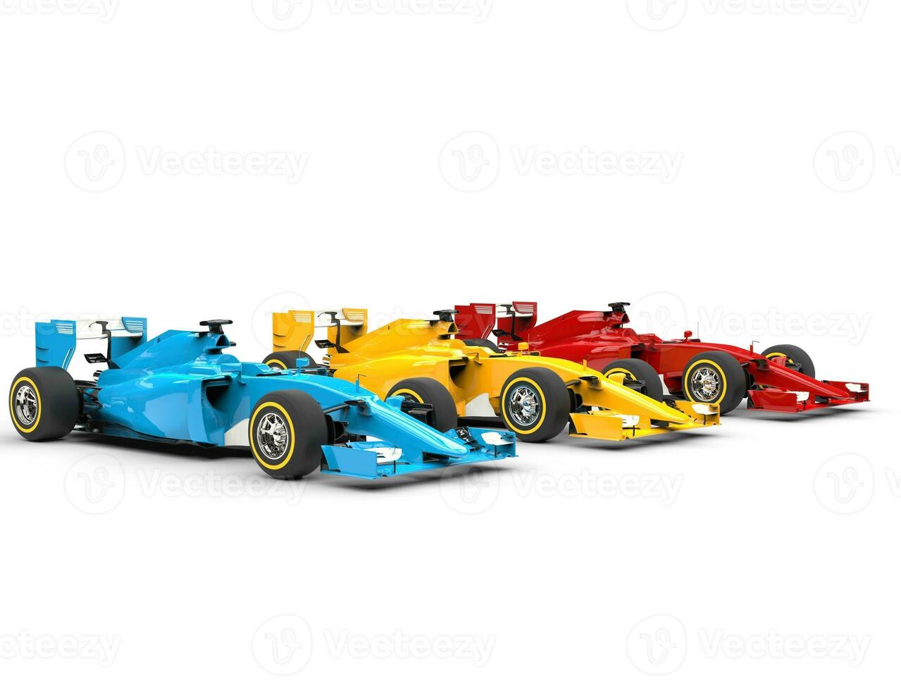 rij van formule een auto's - primair kleuren - geïsoleerd Aan wit achtergrond. foto