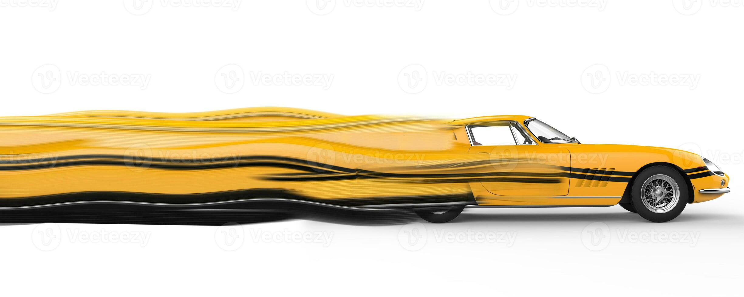 geel wijnoogst ras auto met zwart strepen stickers - solide snelheid trails - Aan wit achtergrond foto