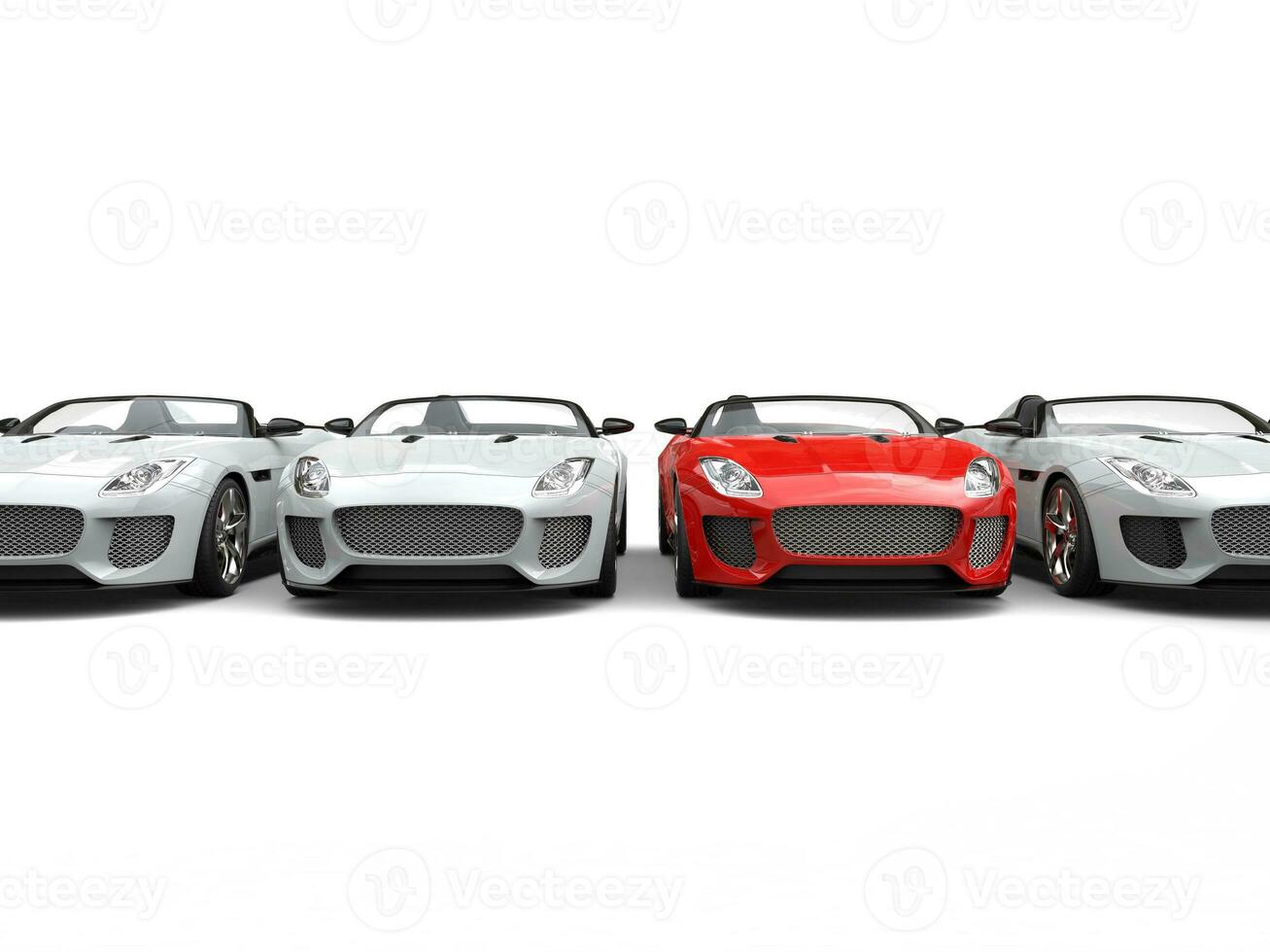glanzend nieuw rood sport- auto staand uit in een rij van wit sport- auto's foto