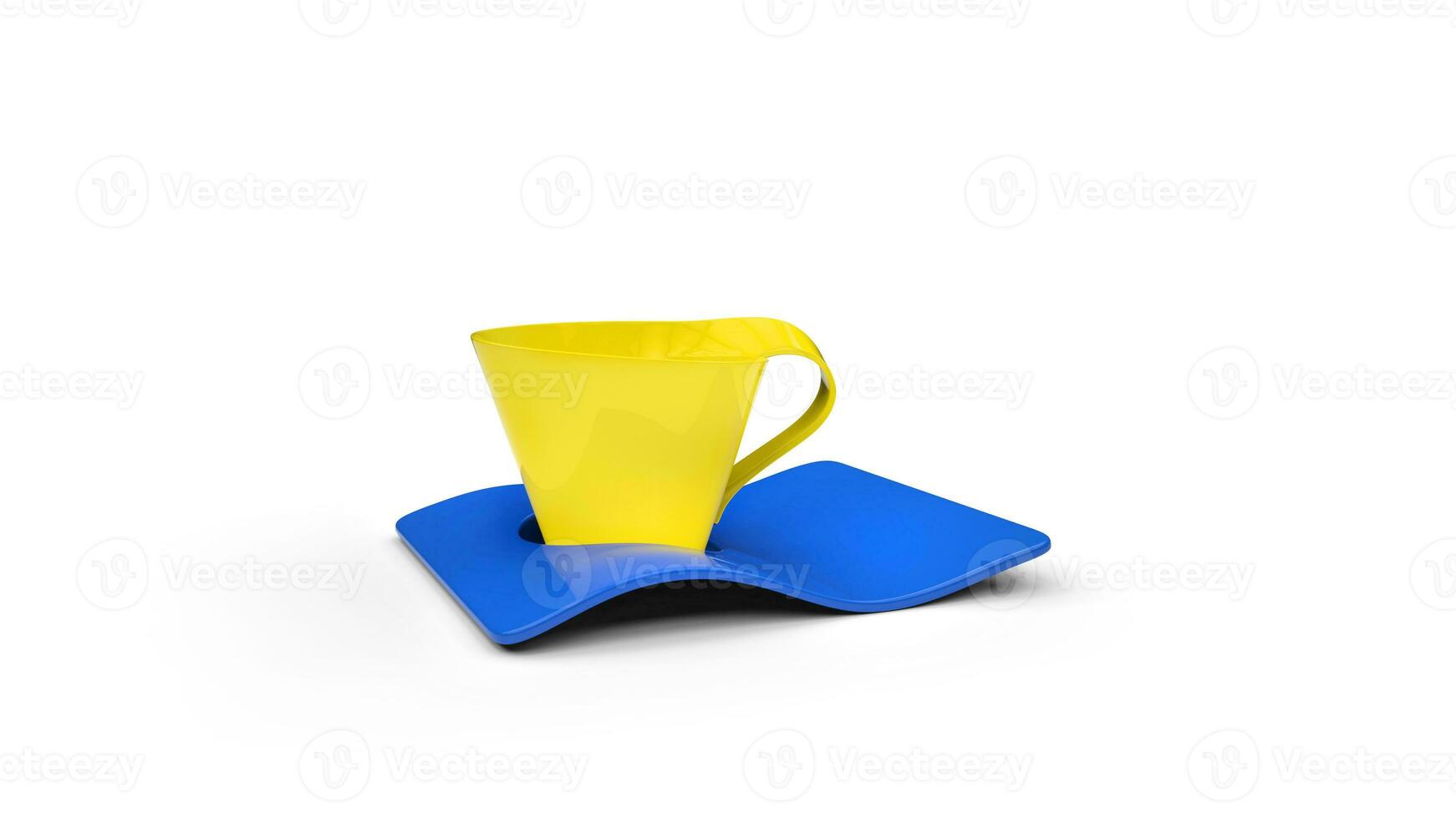 geel koffie kop met blauw schotel foto