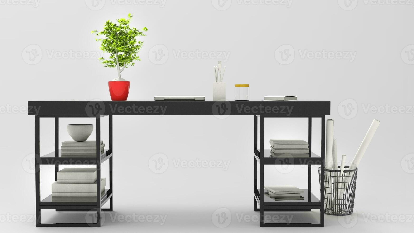 zwart modern kantoor bureau met mooi fabriek Aan het - 3d illustratie - geïsoleerd Aan wit achtergrond foto