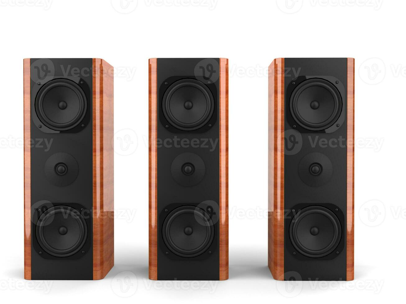 drie modern groot muziek- luidsprekers met hout kant panelen foto