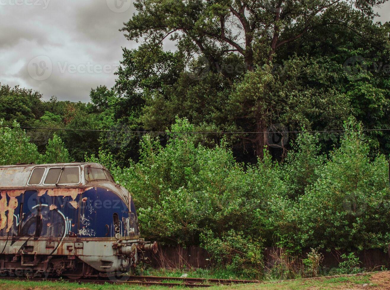 oud roestig blauw trein Aan de sporen in de bossen foto