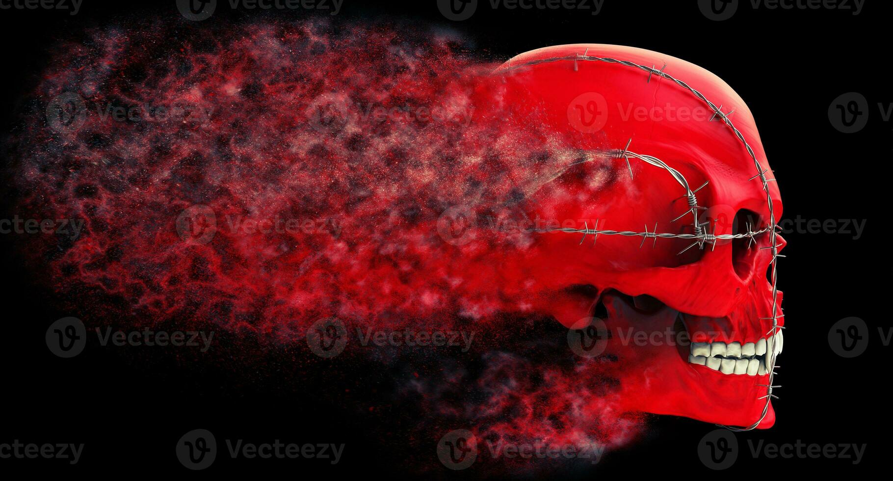 rood demon schedel gebonden met weerhaak draad uiteenvalt in stof - kant visie foto
