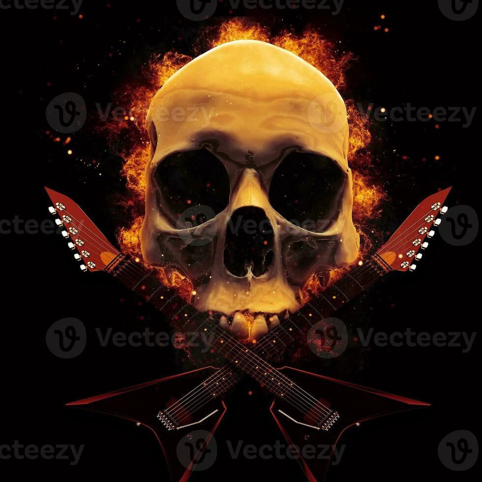 zwaar metaal gitaren en een schedel van een schedel Aan brand foto