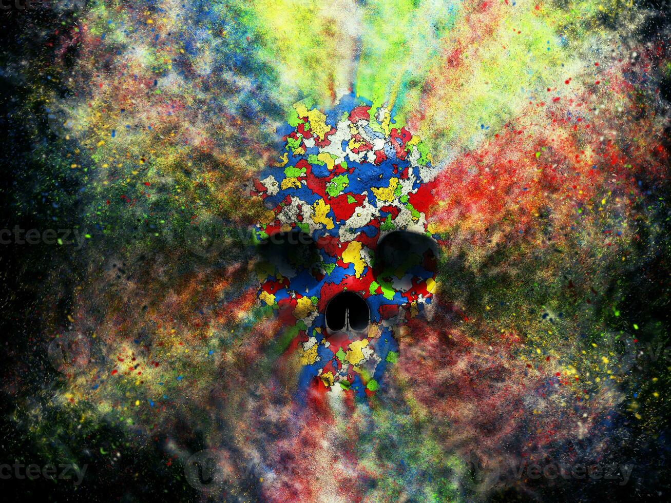 kleurrijk schedel exploderen in stof deeltjes foto