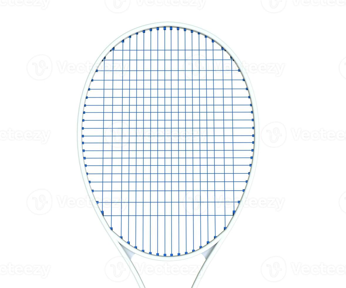 wit tennis racket met blauw strings geïsoleerd Aan wit foto