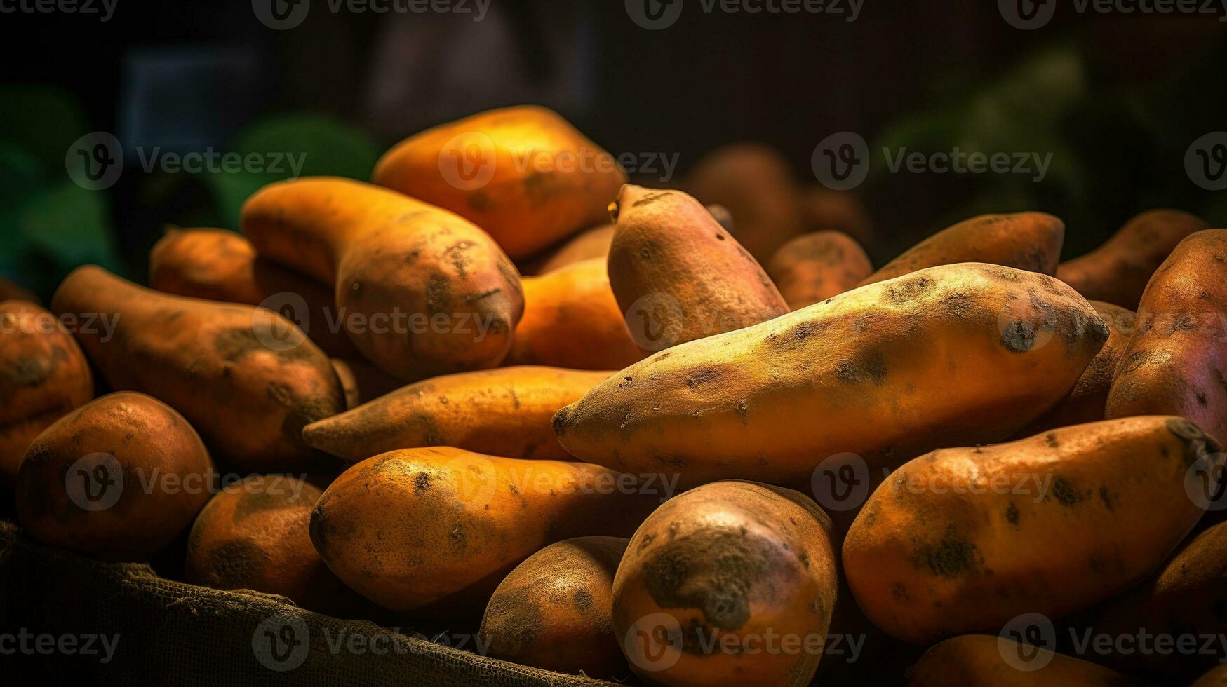 realistisch foto van een bundel van zoet aardappel. top visie groenten landschap. ai gegenereerd