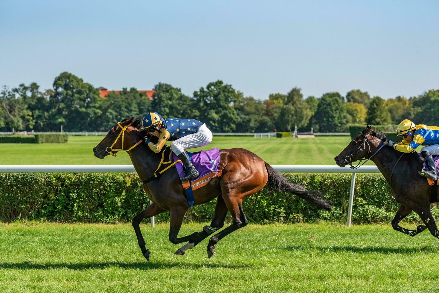 Wrocaw, Polen - sep 10, 2023 - jockeys concurrerende Aan wrocaw ras bijhouden foto