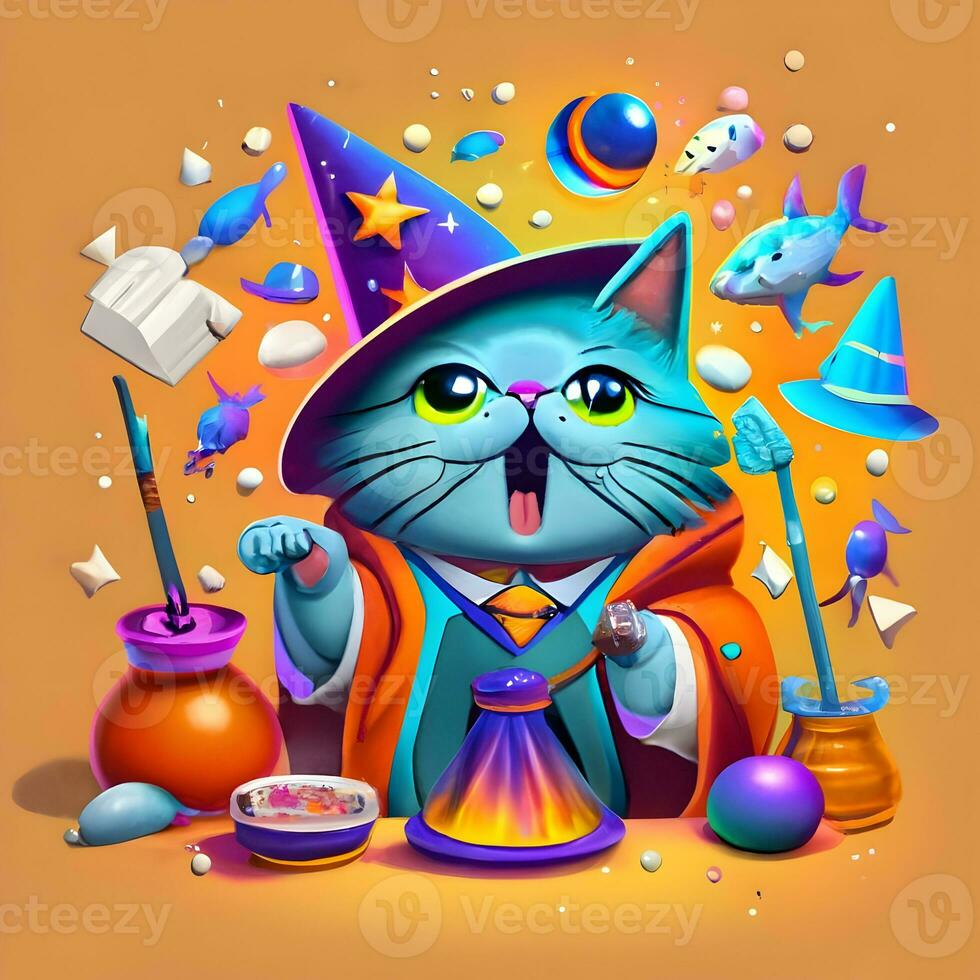 3d sticker sjabloon van een grillig tovenaar kat vervelend een wees hoed en gieten een spellen dat gaat hilarisch mis foto