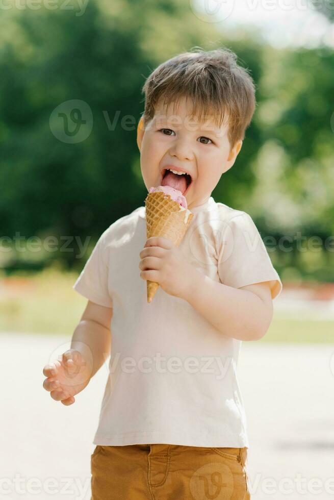 schattig Kaukasisch jongen van drie jaren oud eet ijs room in een ijshoorntje terwijl wandelen in een zomer park foto