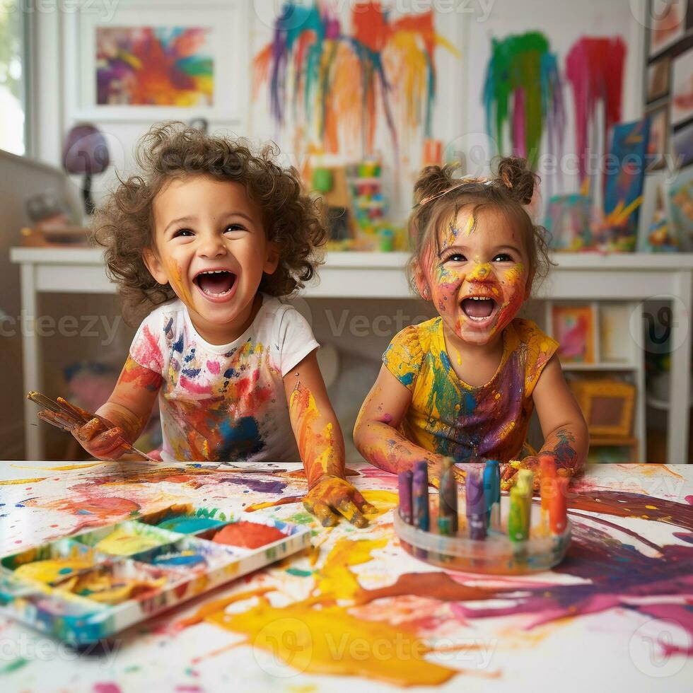 ai generatief schattig kinderen lachend samen en hebben pret met verven. geschilderd in huid handen. kind portret. creatief concept. dichtbij omhoog foto