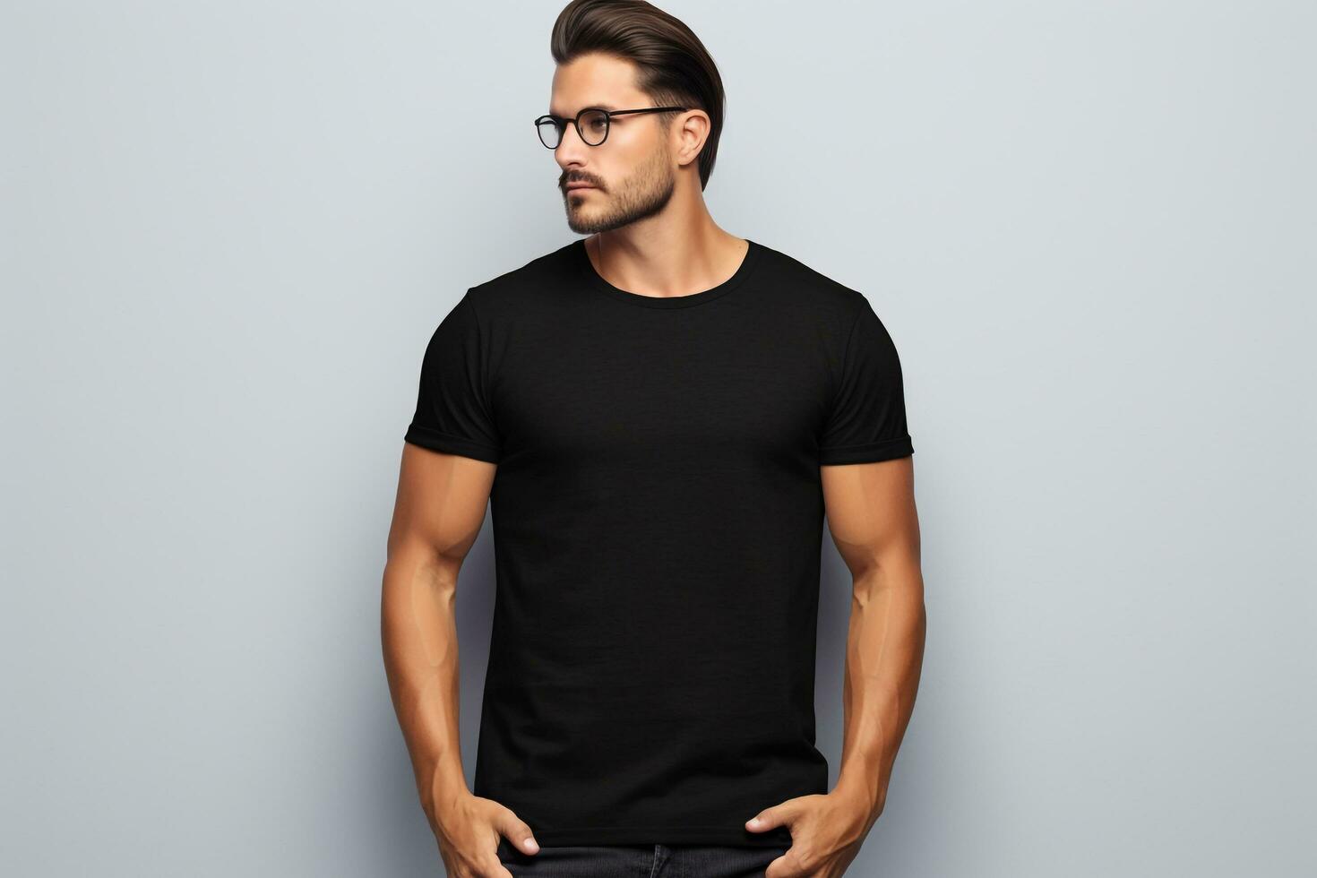 een jong Mens vol vertrouwen sporting een bella canvas klassiek eenvoudig zwart t - overhemd model, ai gegenereerd foto