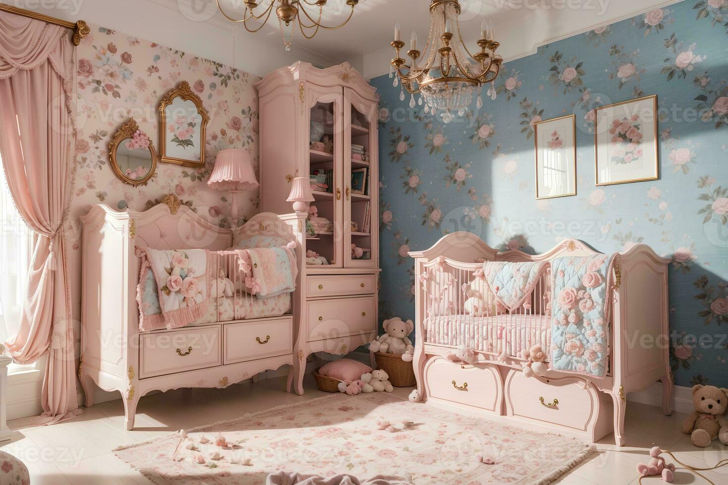 baby kamer met elegant meubilair en smaakvol decor. sereen en ruim leven ruimte, perzik en poeder roze luxe interieur ontwerp bloemen kleur kinderbed en kussen.ai gegenereerd foto