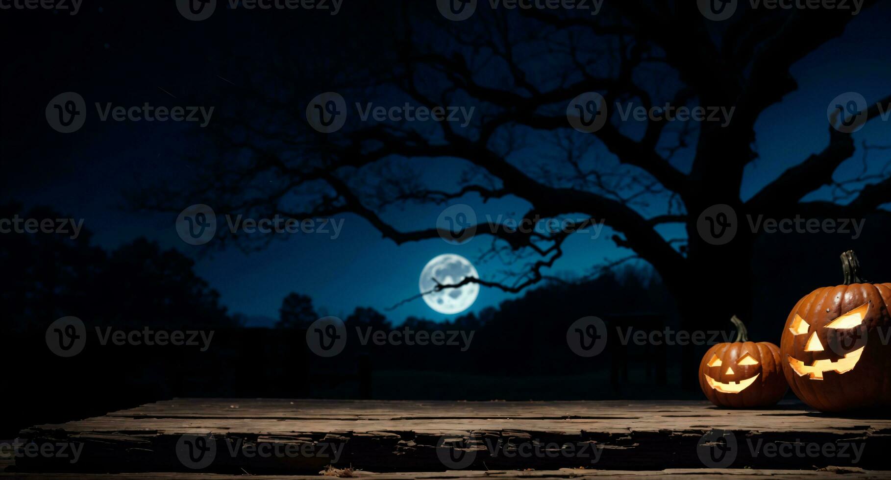 spookachtig halloween nacht met jack O lantaarns Aan houten tafel en vol maan in een donker blauw en zwart tafereel, ai gegenereerd foto