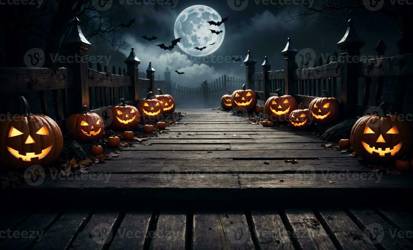 halloween pompoenen Aan een spookachtig brug, ai gegenereerd foto