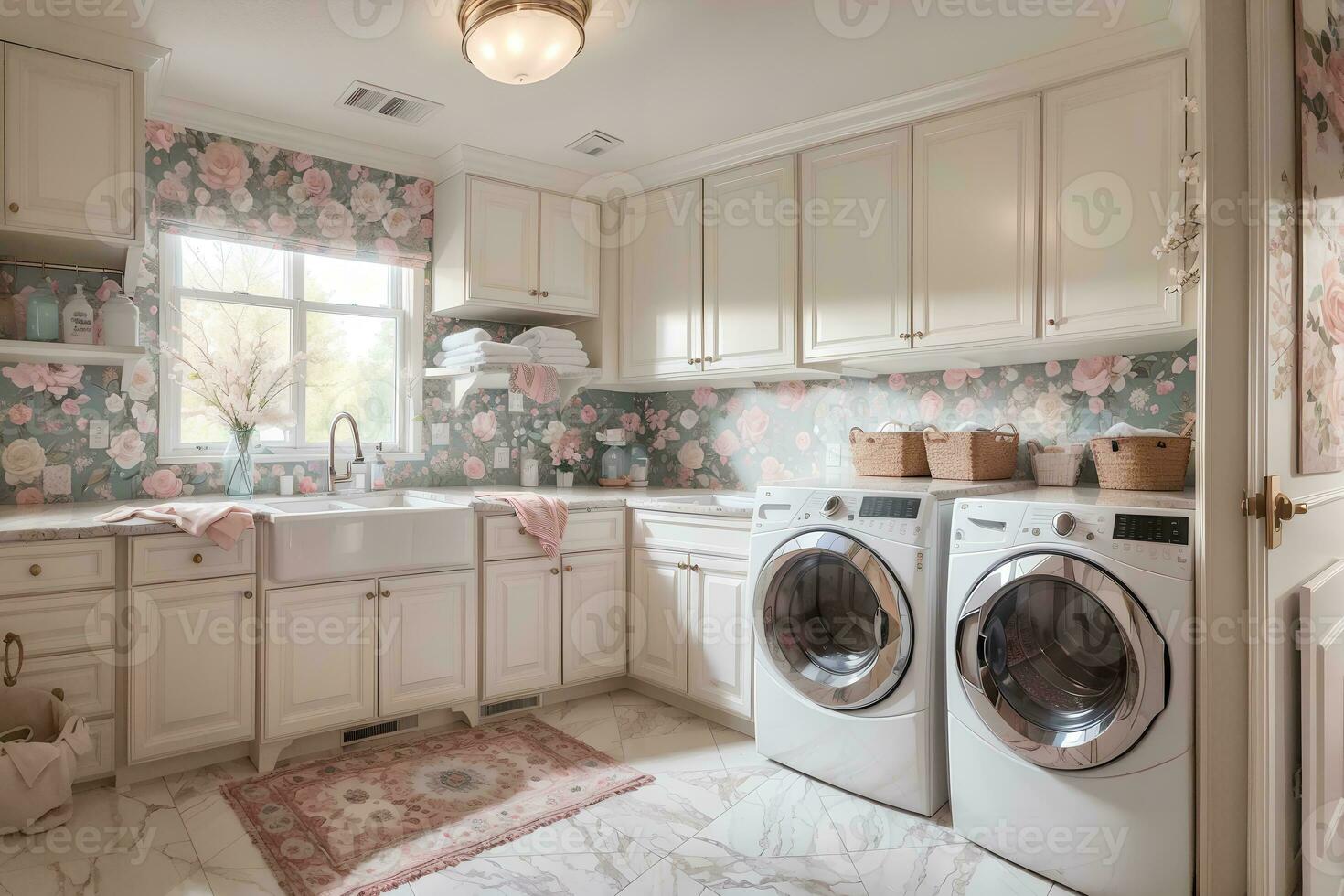 luxueus wasserij kamer met elegant meubilair en smaakvol decor. sereen en ruim schoonmaak ruimte, perzik en poeder roze luxe interieur ontwerp kleur het wassen machine en kleren droger.ai gegenereerd foto