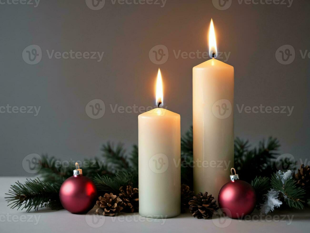 twee kaarsen met Kerstmis decoraties en decoraties. ai gegenereerd foto