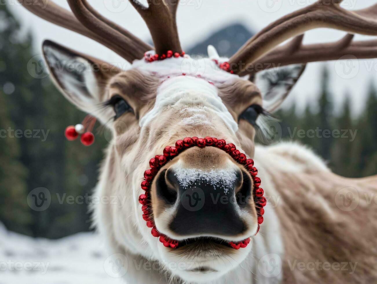 een rendier met rood Kerstmis decoraties Aan haar neus. ai gegenereerd foto