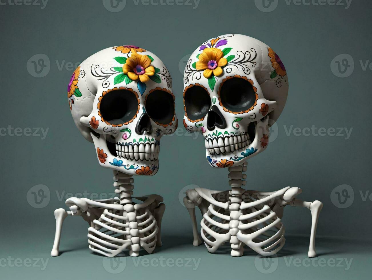 twee skeletten met kleurrijk bloemen Aan hun hoofden. ai gegenereerd foto