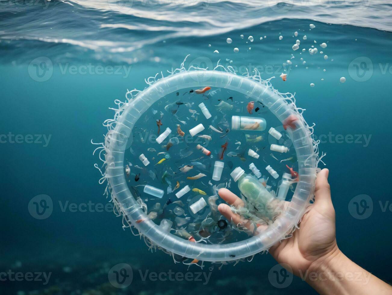 een plastic houder gevulde met plastic flessen drijvend in de oceaan. ai gegenereerd foto