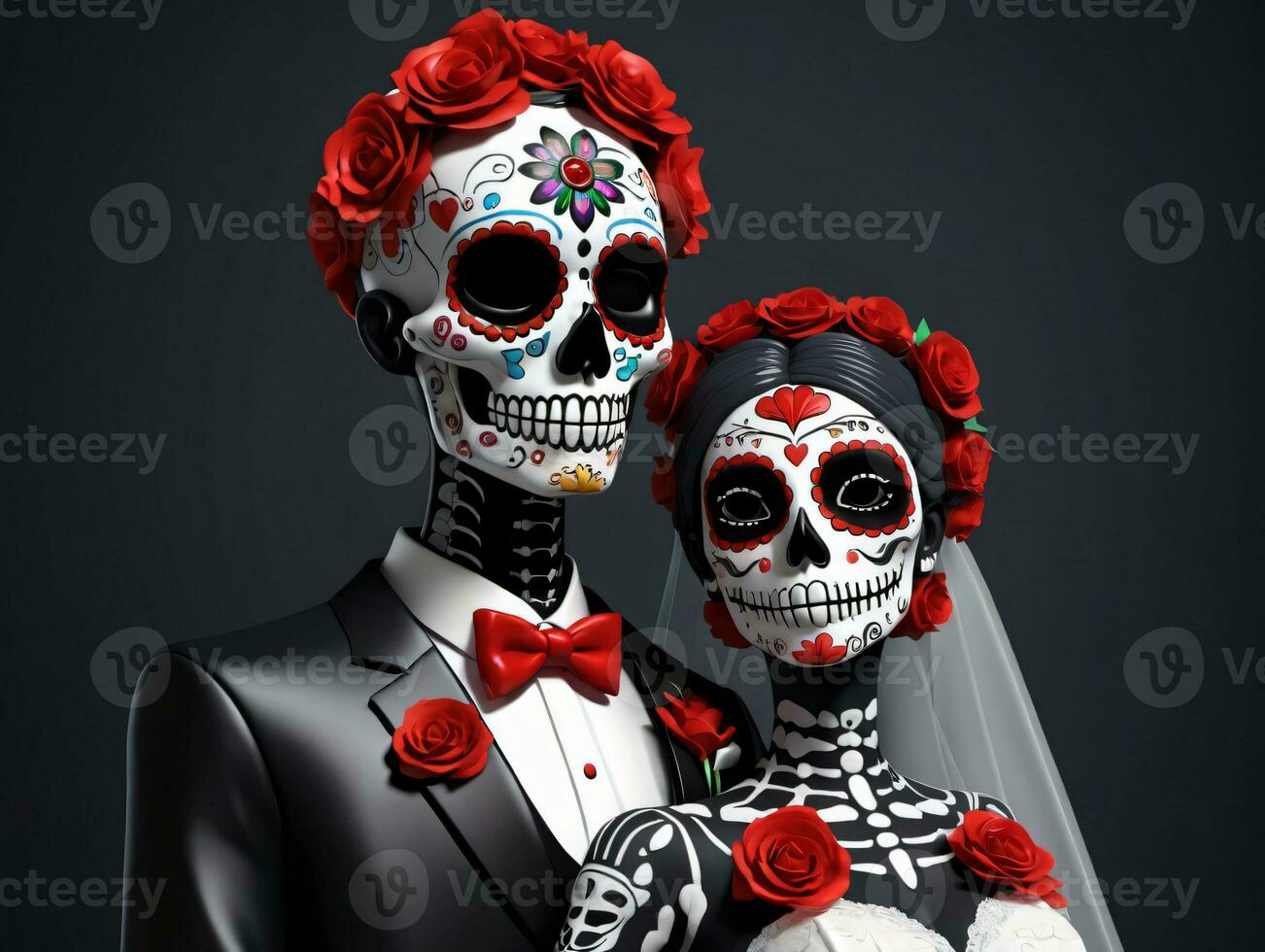 een paar gekleed net zo een skelet en een bruid. ai gegenereerd foto