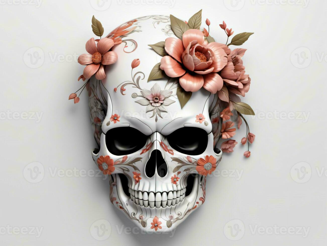 een schedel met bloemen Aan haar hoofd. ai gegenereerd foto