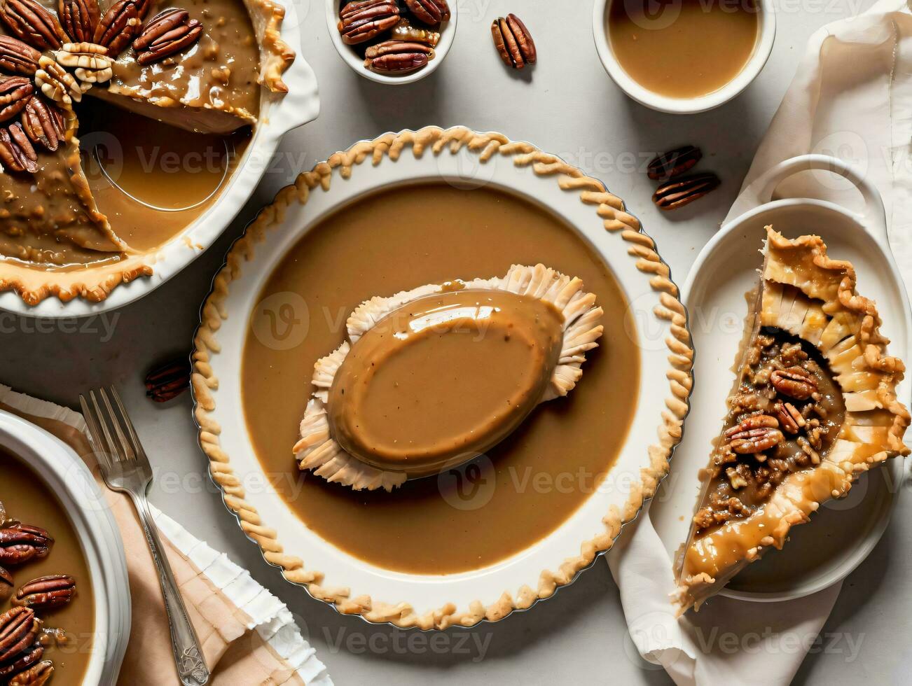 een tafel bekroond met taarten en cups van koffie. ai gegenereerd foto