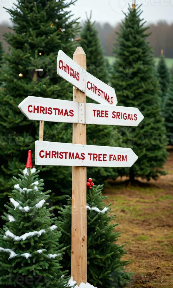 foto van Kerstmis Kerstmis boom boerderij wegwijzer. ai gegenereerd