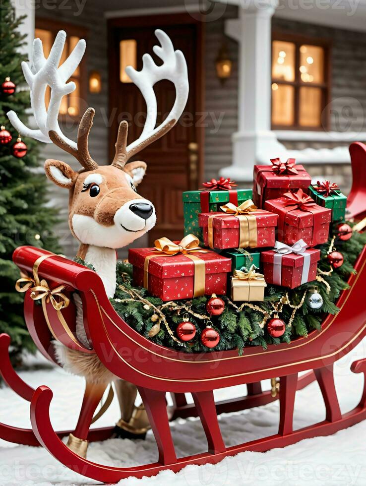 foto van Kerstmis rendier slee gevulde met geschenken. ai gegenereerd