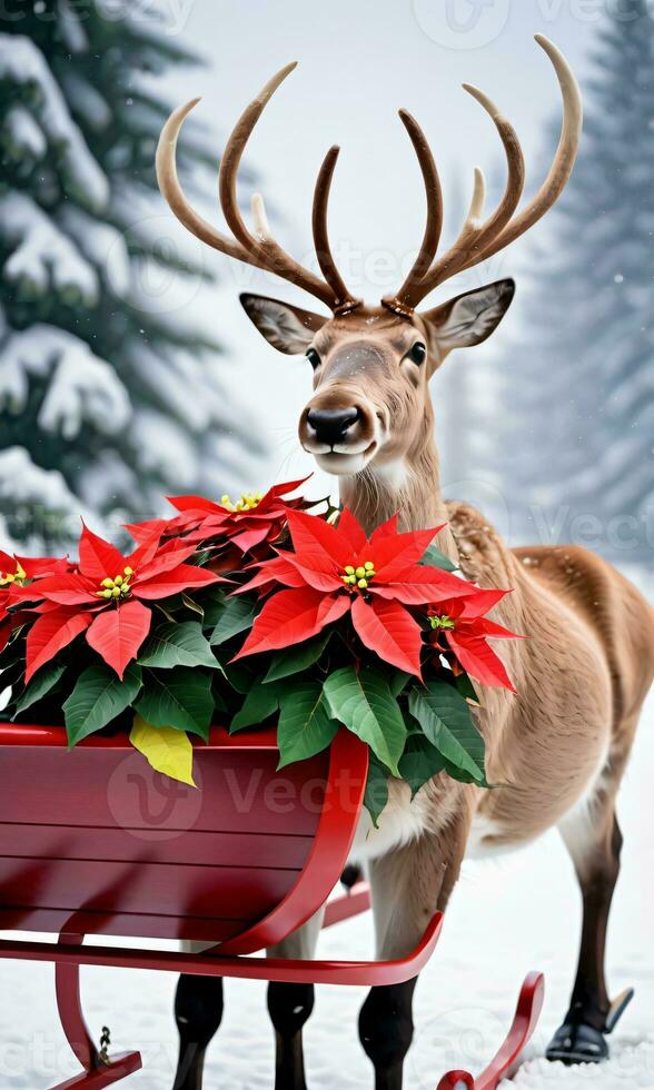 foto van Kerstmis rendier trekken een slee van kerstster planten. ai gegenereerd