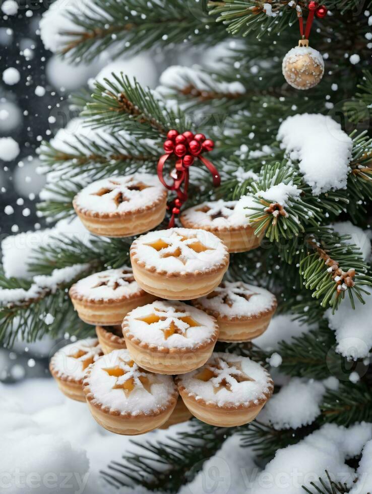 foto van Kerstmis met sneeuw bedekt pijnboom boom met hangende fijnhakken taarten. ai gegenereerd