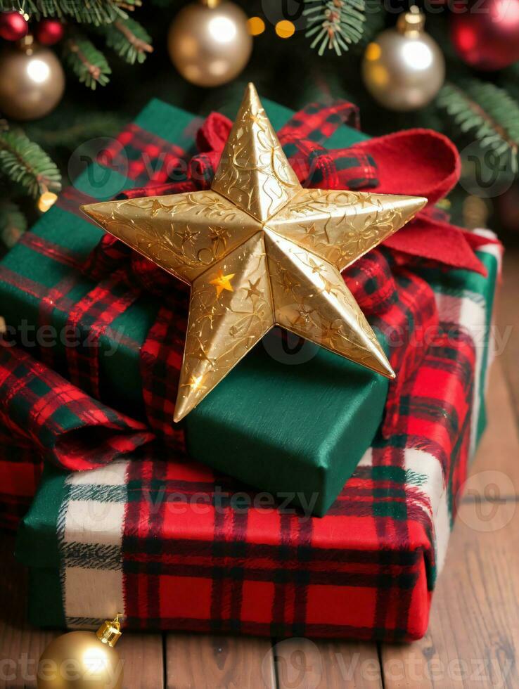 foto van Kerstmis gouden ster boven een stapel van cadeaus verpakt in rood en groen plaid Aan een houten verdieping met zacht tapijt. ai gegenereerd
