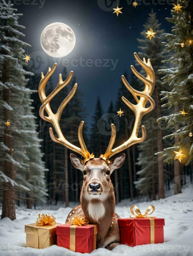 foto van Kerstmis rendier gewei naast een stapel van cadeaus verpakt in gouden sterren in een maanlicht Woud opruimen. ai gegenereerd