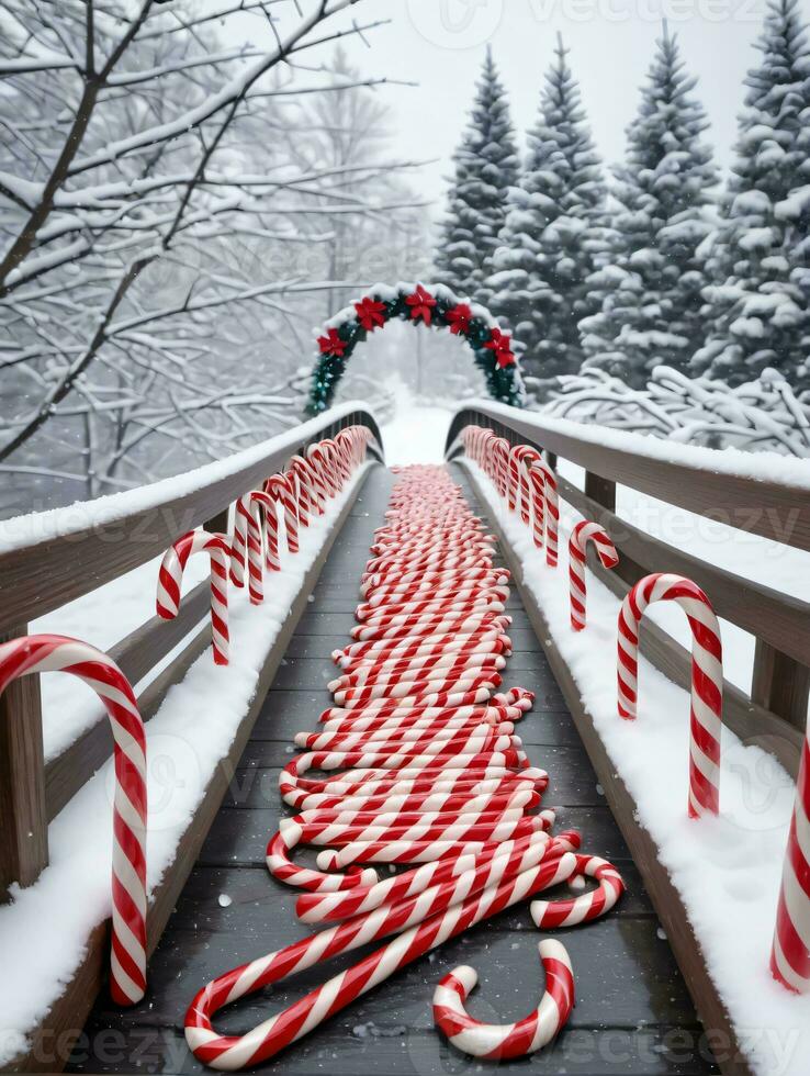 foto van Kerstmis snoep wandelstokken decoreren een besneeuwd brug. ai gegenereerd