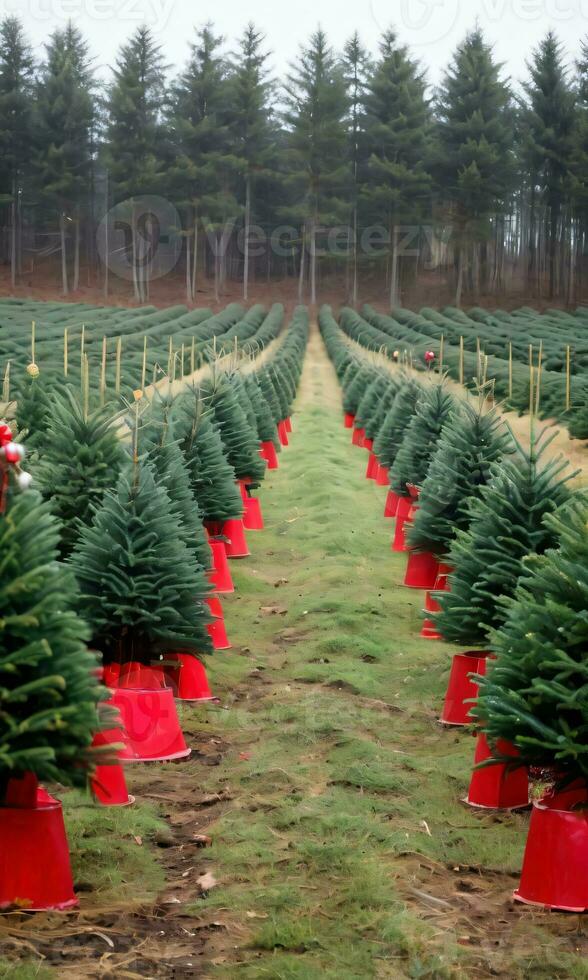 foto van Kerstmis Kerstmis boom boerderij rijen. ai gegenereerd