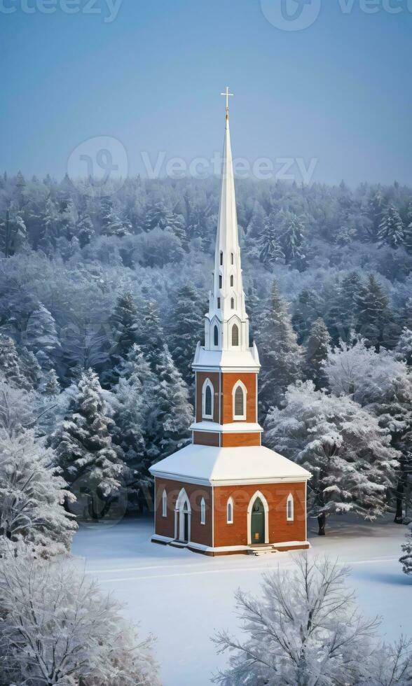 foto van Kerstmis met sneeuw bedekt kerk toren. ai gegenereerd