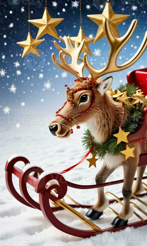 foto van Kerstmis rendier trekken een slee gevulde met gouden sterren en klatergoud. ai gegenereerd